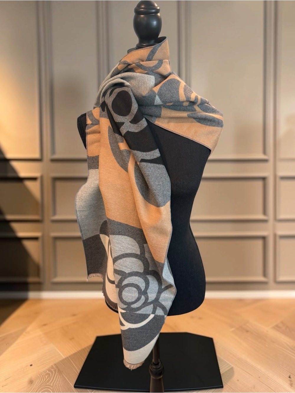 NWOT Cashmere Floral Pattern Camel and Gray Wrap Scarf